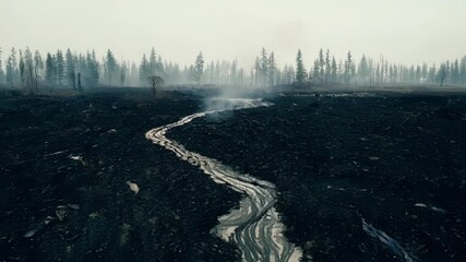 Poster - Water is flowing through a desolate and scorched landscape, leaving trails of destruction in its wake after a devastating wildfire