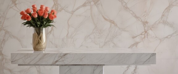 Poster - A bouquet of pink roses in a clear glass vase sits on a marble countertop, with a marble wall in the background