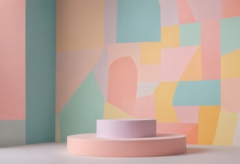 Poster - A minimalist stage with a pink and white circular platform, set against a vibrant abstract wall with pastel-colored geometric shapes