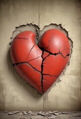 Fototapete - A red heart-shaped object is cracked and broken, with a large hole in the center, set against a weathered concrete wall