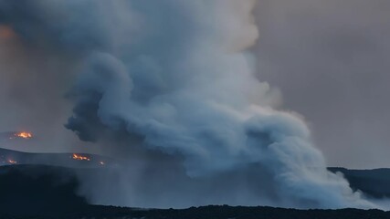 Poster - Volcanic eruption at twilight, ash and hot gas rising, showcasing nature's power and beauty. Molten lava and fire add to the dramatic scene
