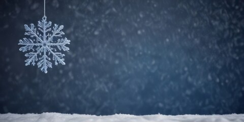 Aufkleber - A delicate snowflake, suspended in mid-air, is the focal point of the , set against a dark blue background with a snowy landscape in the bottom right corner