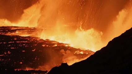 Poster - Experience the mesmerizing power of a volcano erupting at night, with molten lava flowing and fiery flames illuminating the landscape in vibrant colors