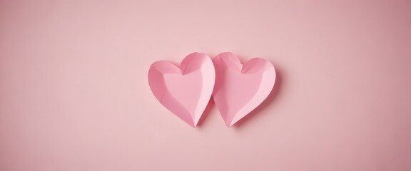 Poster - Two pink paper hearts are arranged diagonally against a light pink background