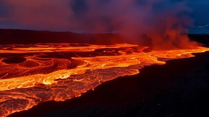 Poster - Molten lava flows from erupting volcano, filling air with smoke and ash. Red and orange landscape glows with intense heat, highlighting nature's power