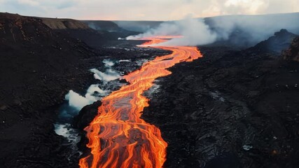 Poster - Molten lava flows from erupting volcano, smoke billows in distance, against dramatic dusk sky. Aerial view captures red orange hues on black landscape in iceland