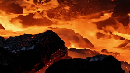 Poster - Orange and yellow molten lava flowing near rocks during a volcanic eruption, creating a scene of intense heat and geological activity