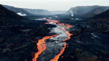 Poster - Aerial view of a volcanic eruption at twilight with lava flowing downhill like a fiery river, creating a scene of both beauty and destruction