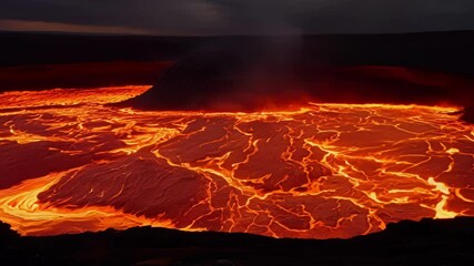 Poster - Fiery lava cascading down a volcano at night, showcasing raw power and danger. Aerial view captures intense heat and force, creating a captivating yet terrifying landscape
