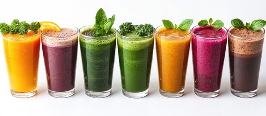 Canvas Print - Row of colorful fruit and vegetable juices in glasses on white background.