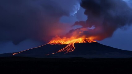 Poster - Molten lava flows down an erupting volcano at night, creating a mesmerizing orange glow against the dark sky, showcasing the raw power of nature in action