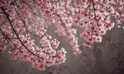 Poster - Delicate pink cherry blossoms in full bloom, their petals unfurling to reveal a soft, ethereal glow against a muted, blurred backdrop