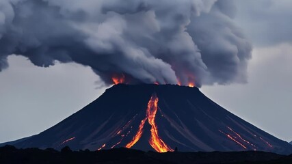 Poster - Large active volcano erupting at dusk with glowing orange lava flowing down the side and a large ash plume filling the sky