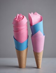 Fototapete - Two stacked paper ice cream cones, one with pink and the other with blue, stand on a gray surface