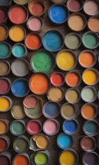 Poster - A vibrant array of paint cans in various colors, including red, orange, yellow, green, blue, and brown, are arranged in a grid-like pattern on a wooden surface