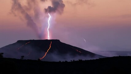 Poster - Lightning bolt strikes a erupting volcano. Spewing lava into the twilight sky. Showcasing nature's raw power and beauty in a dangerous scene dominated by a fiery mountain in shades of red and orange