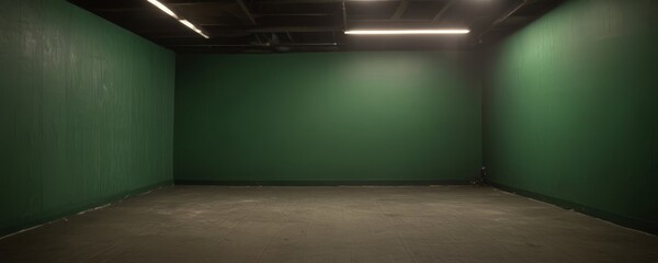 Poster - A dimly lit room with green walls and a concrete floor, featuring a single light fixture hanging from the ceiling