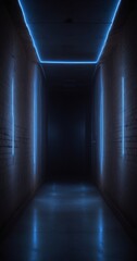 Poster - A long, dimly lit corridor with a high ceiling and a series of blue neon lights lining the walls, creating a sense of depth and mystery