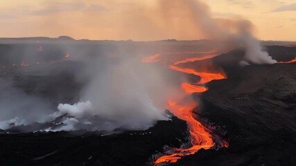 Poster - Streams of molten lava are flowing down the side of a volcano, creating a dramatic and dangerous scene. The sky is filled with smoke and ash, creating an eerie glow