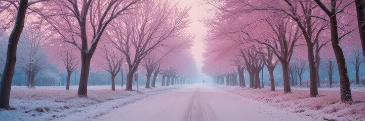 Poster - A serene winter scene unfolds on a snow-covered road, flanked by a row of trees with pink blossoms The trees, devoid of leaves, stand tall against a pale blue sky, creating