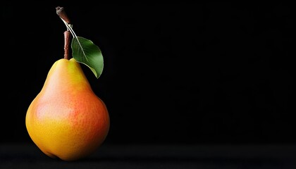 Wall Mural - Vibrant yellow-orange pear with pink blush and green leaf, elegantly isolated against a rich black backdrop