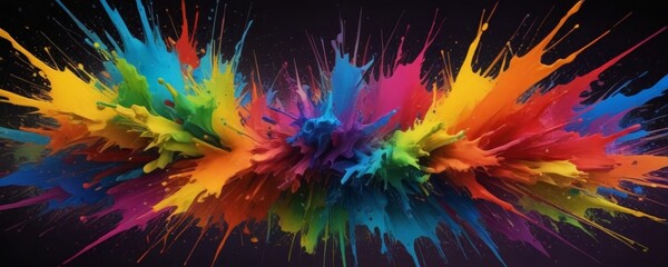 Fototapete - a vibrant explosion of paint splashes in various colors, including blue, green, yellow, orange, pink, and purple, against a dark background