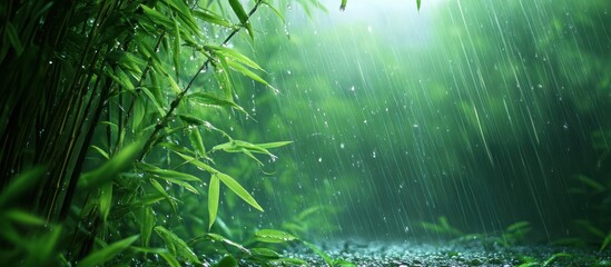 Wall Mural - Lush green bamboo forest with rain falling through the leaves.