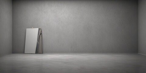 Poster - A minimalist room with a large mirror on the wall, a wooden ladder leaning against the wall, and a concrete floor