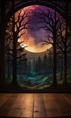 Poster - A surreal forest scene with a full moon, vibrant colors, and a wooden floor in the foreground