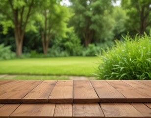 Poster - A wooden table with a natural finish sits in the foreground, while a lush, verdant garden with trees and grass is visible in the background