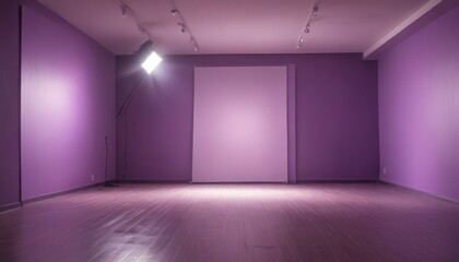 Aufkleber - A dimly lit room with purple walls and a wooden floor, featuring a large white panel and a spotlight on the left wall