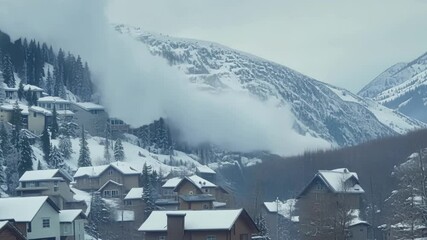 Aufkleber - Cozy winter scene with snow covered houses nestled in a mountain forest, under a sky filled with fluffy clouds