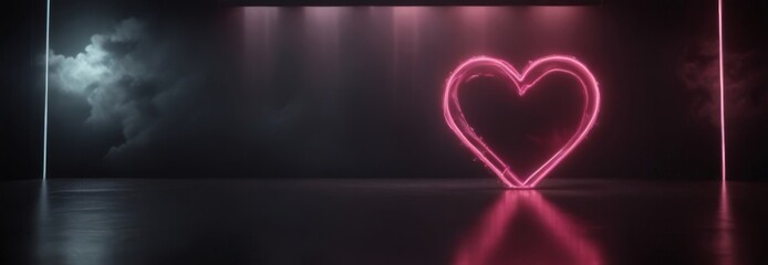 Fototapete - A neon heart glows against a dark background, casting a soft pink light that reflects on the floor, with a dramatic cloud formation in the background