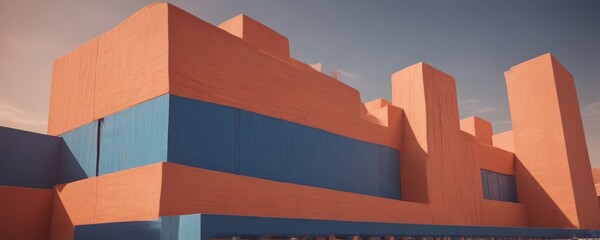 Leinwandbilder - a striking architectural structure with a series of orange and blue blocks arranged in a geometric pattern, set against a clear blue sky