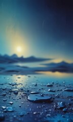 Fototapete - A serene, tranquil scene body of water at sunset, with the sun's reflection on the water's surface and a distant mountain range in the background