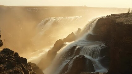 Poster - Powerful waterfall rushing through a rocky canyon, water crashing on the rocks below during sunset creating a misty atmosphere
