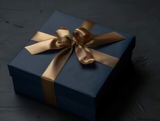 Wall Mural - elegant dark blue gift box with luxurious gold satin ribbon set against a shadowy background creating a sense of mystery and sophistication