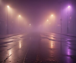 Poster - A foggy night scene with street lights casting a warm glow on the wet pavement, creating a serene and atmospheric ambiance
