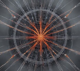 Fototapete - a complex, abstract pattern of orange and white lines radiating outwards from a central point, resembling a starburst or a burst of energy