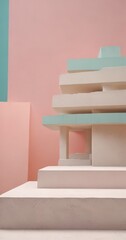 Poster - A minimalist architectural structure composed of stacked concrete blocks in pastel pink and blue hues, with a clean, geometric design
