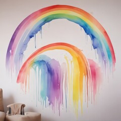 Poster - A vibrant watercolor mural rainbow, with the colors flowing and dripping down the wall, creating a dynamic and visually striking scene