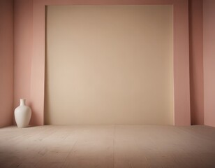 Leinwandbilder - A minimalist room with a large white vase on the left side, a light pink wall, and a wooden floor