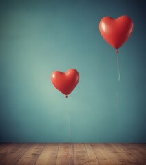 Leinwandbilder - Two red heart-shaped balloons float against a blue wall, with a wooden floor beneath them