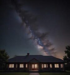 Poster - A house under a starry night sky, with the Milky Way galaxy visible in the background