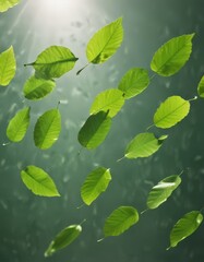 Poster - Green leaves floating in the air, sunlight filtering through, creating a serene and tranquil atmosphere