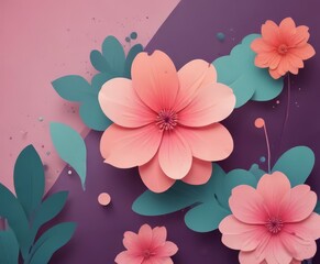 Leinwandbilder - a vibrant arrangement of pink paper flowers against a purple and teal background, with green leaves scattered throughout