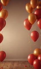Poster - A cluster of red and gold balloons, tied to a wooden floor, creates a festive atmosphere against a neutral background