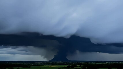 Wall Mural - Developing storm with dark, dramatic clouds threatens heavy rain and strong winds over rural farmland, showcasing the power of nature in severe weather