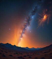 Poster - The Milky Way galaxy stretches across the night sky, its spiral arms illuminated by the warm glow of the setting sun, with a bright orange and yellow streak of light in