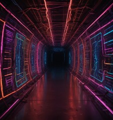 Fototapete - A long, dark corridor with neon lights on the walls, creating a futuristic and technological atmosphere